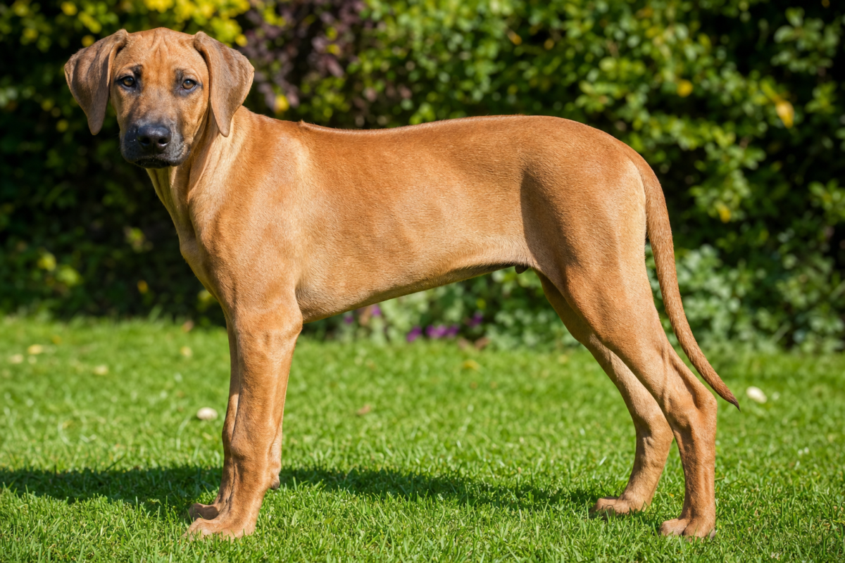 Young Rhodesian Ridgeback standing in profile on green grass in a sunny garden