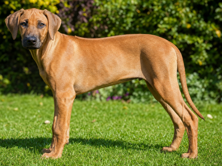 Young Rhodesian Ridgeback standing in profile on green grass in a sunny garden