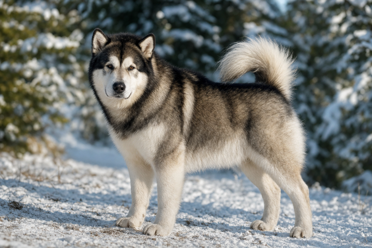 Adult grey and white Alaskan Malamute standing on a snowy trail with its plumed tail over its back