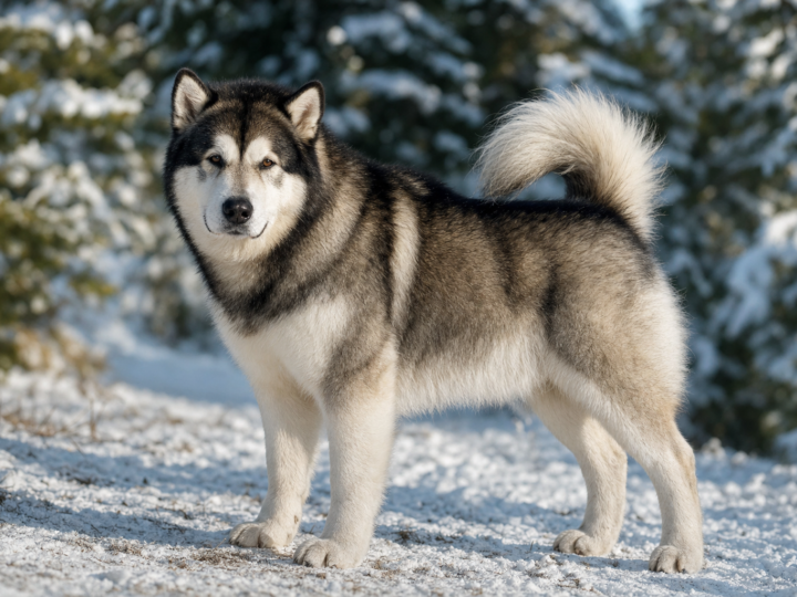 Adult grey and white Alaskan Malamute standing on a snowy trail with its plumed tail over its back
