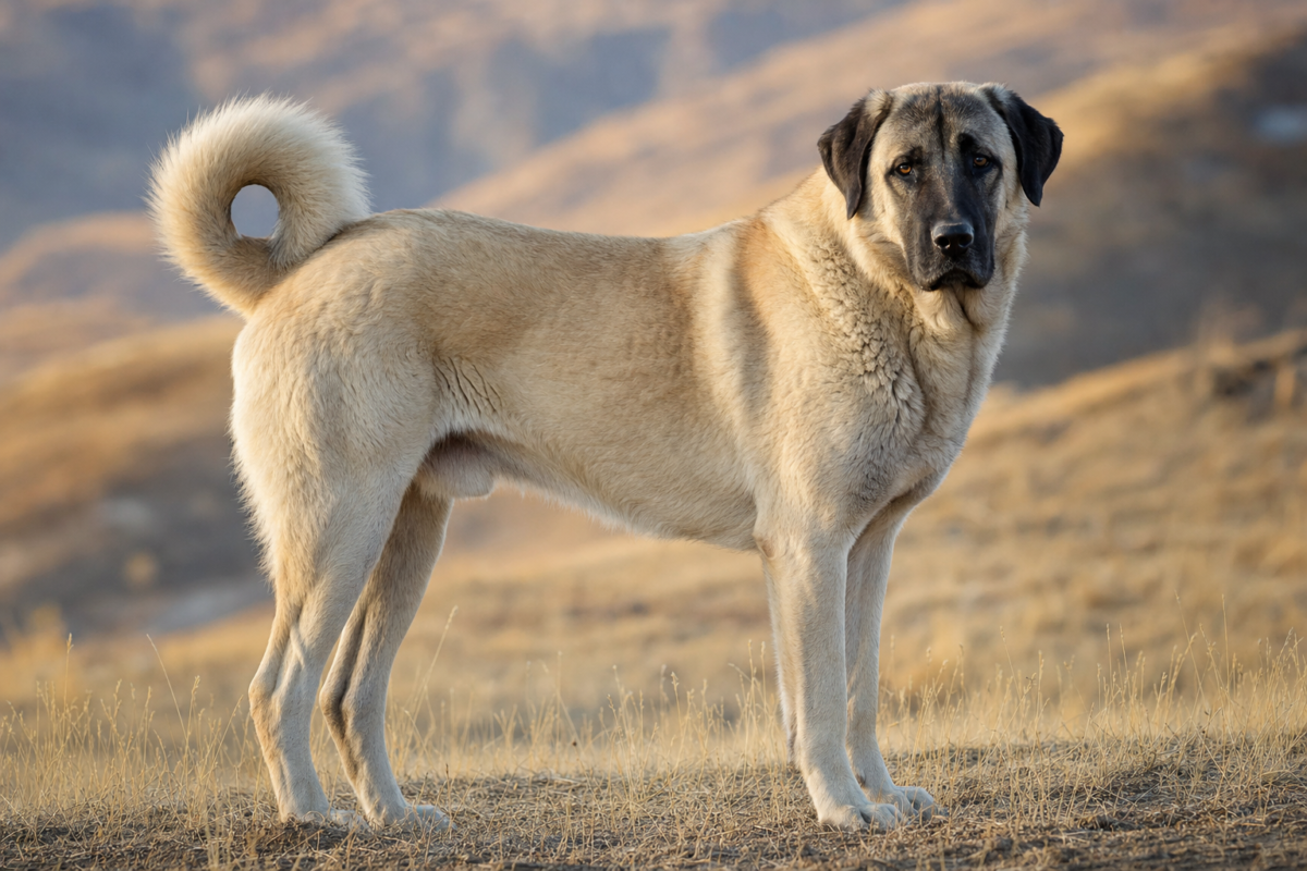 Adult fawn Anatolian Shepherd with a black mask standing on open grassland