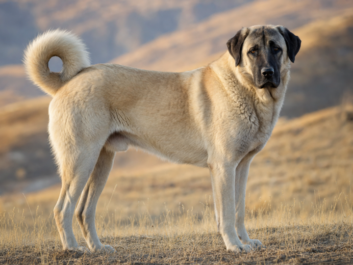Adult fawn Anatolian Shepherd with a black mask standing on open grassland