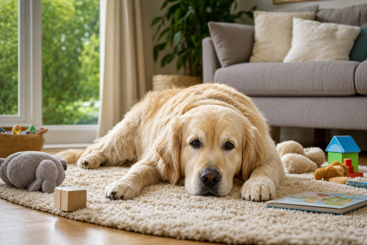 Large family dog lying calmly on a living room rug beside soft toys and a picture book