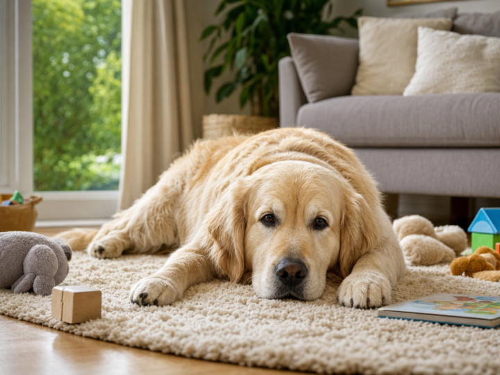 Large family dog lying calmly on a living room rug beside soft toys and a picture book