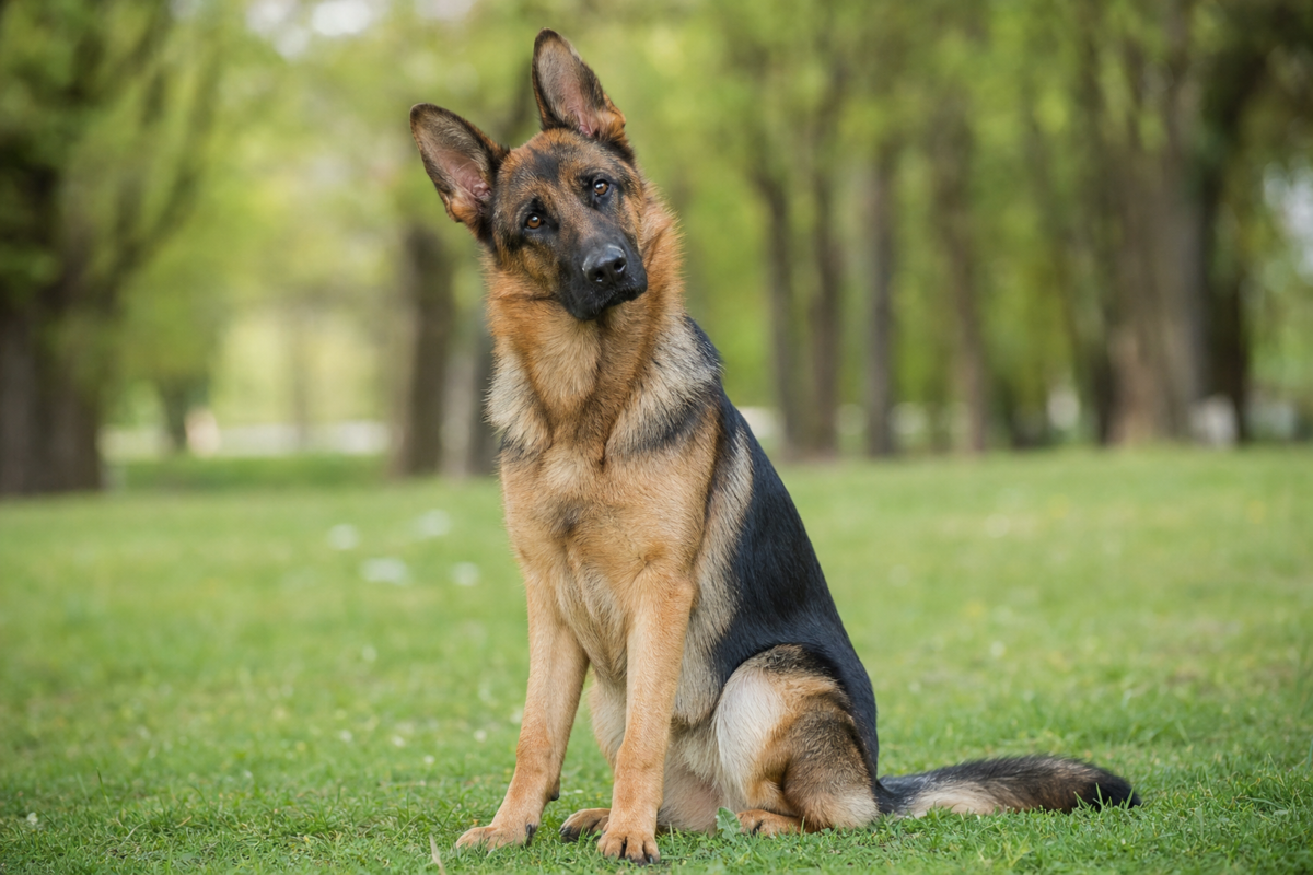 Attentive German Shepherd sitting on grass with head tilted