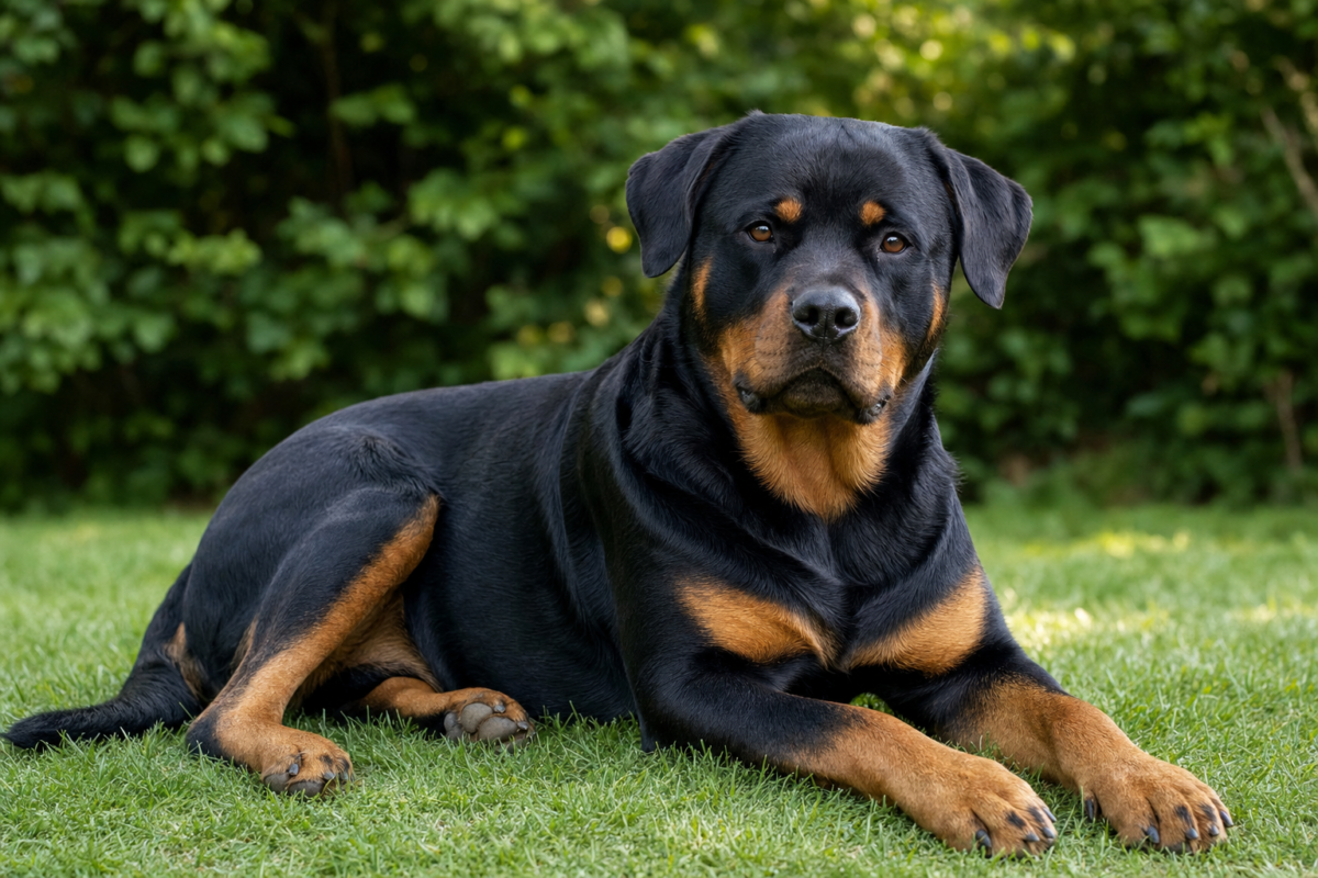 A calm adult Rottweiler lying relaxed on grass