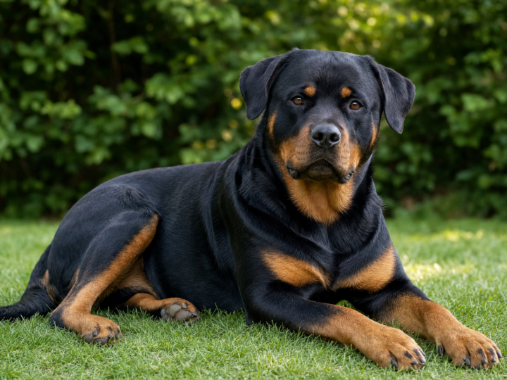 A calm adult Rottweiler lying relaxed on grass