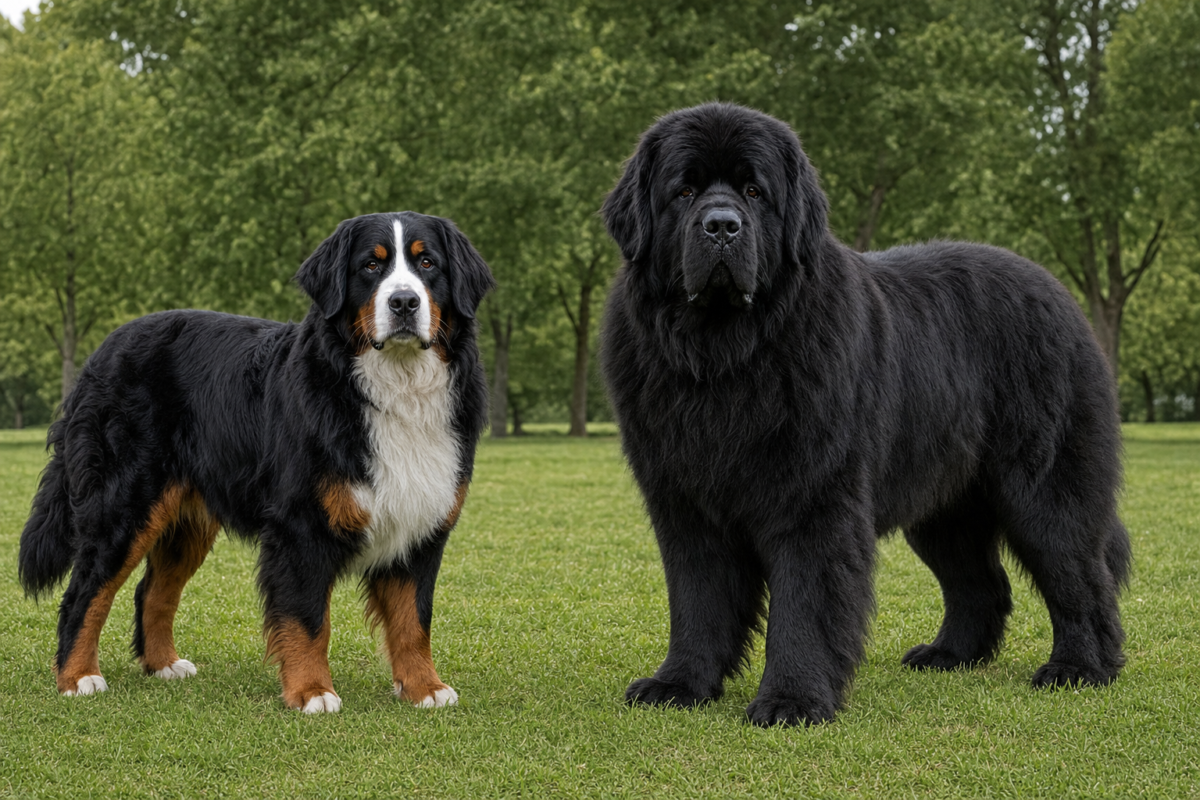 Tricolour Bernese Mountain Dog standing beside a larger black Newfoundland on a grass lawn
