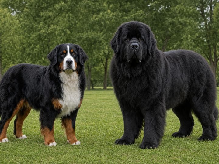 Tricolour Bernese Mountain Dog standing beside a larger black Newfoundland on a grass lawn