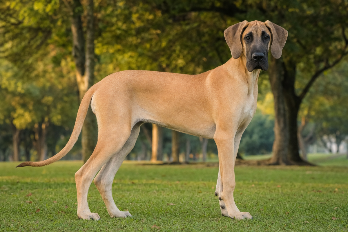 Tall leggy adolescent large breed puppy standing on grass