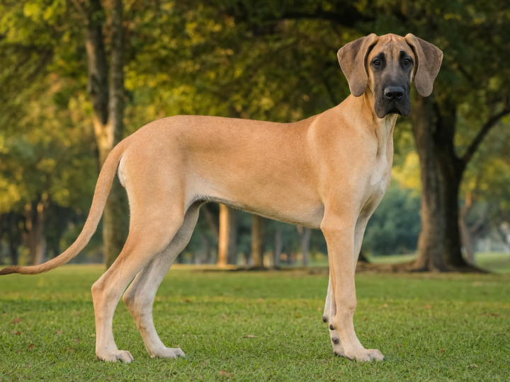 Tall leggy adolescent large breed puppy standing on grass