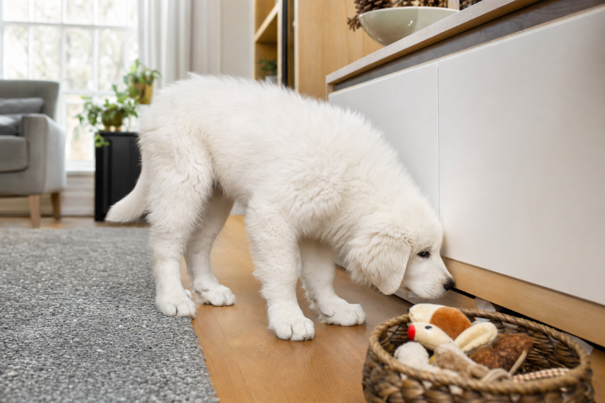 White Great Pyrenees puppy sniffing at the base of a low sideboard on a wooden living room floor