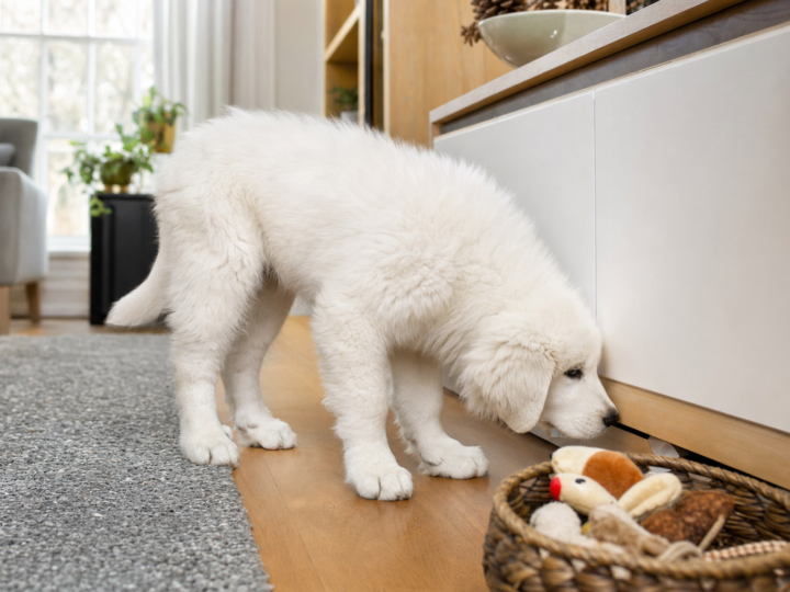 White Great Pyrenees puppy sniffing at the base of a low sideboard on a wooden living room floor
