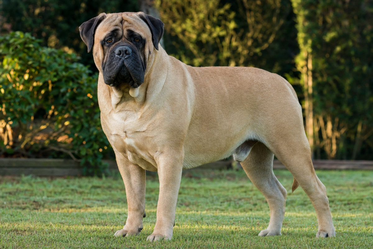 Adult fawn Bullmastiff with a black mask standing on grass