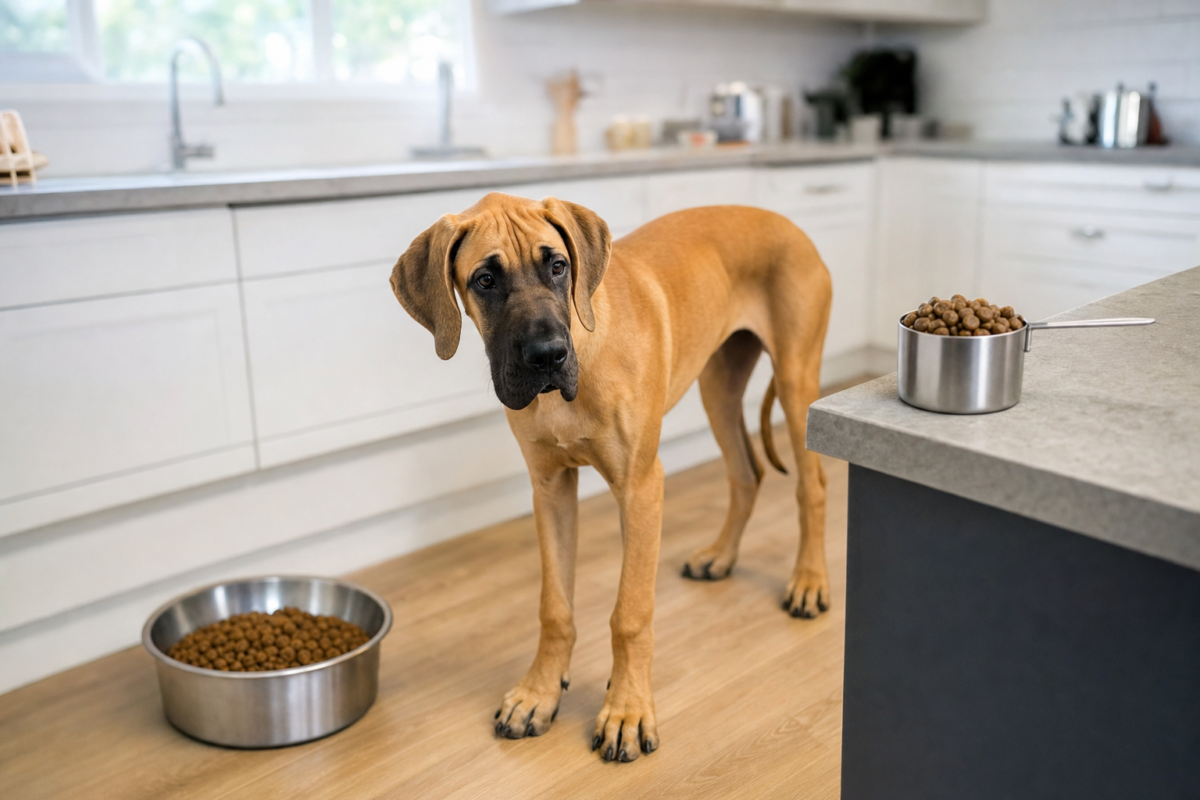 Adolescent fawn Great Dane standing beside a stainless steel bowl of kibble with a measuring cup on the kitchen counter