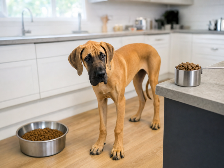 Adolescent fawn Great Dane standing beside a stainless steel bowl of kibble with a measuring cup on the kitchen counter