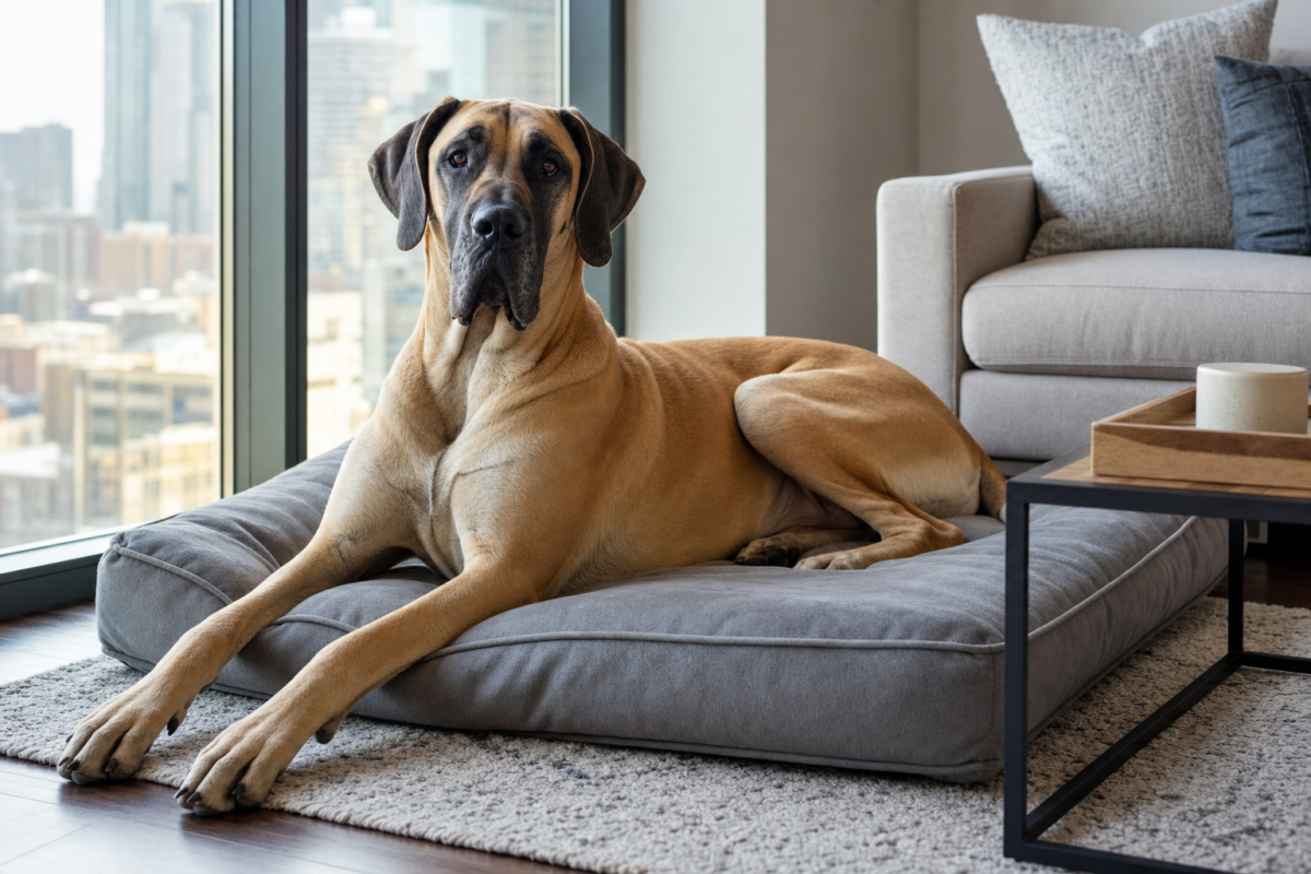 Fawn Great Dane resting calmly on a dog bed in a bright modern apartment