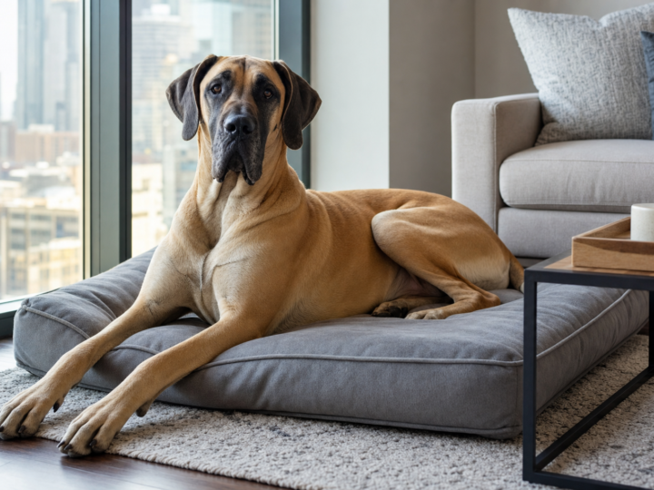 Fawn Great Dane resting calmly on a dog bed in a bright modern apartment