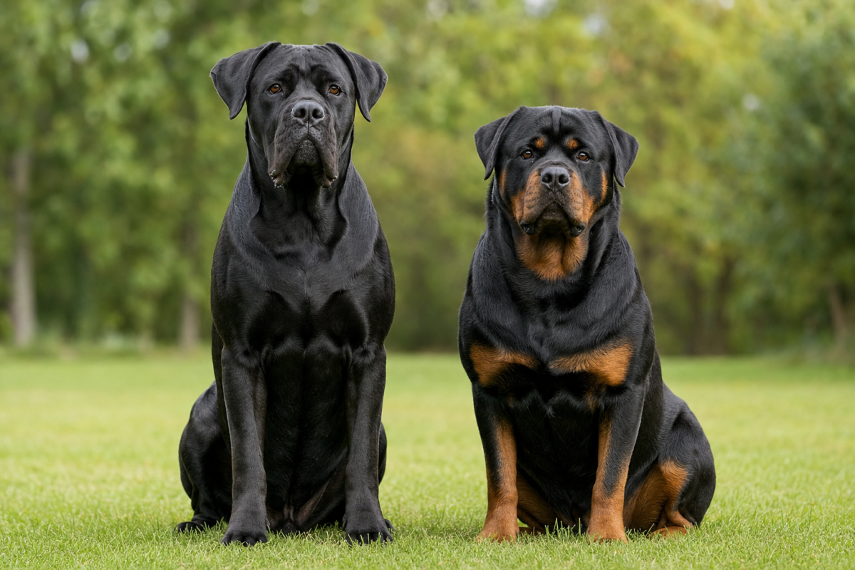 Black Cane Corso and a Rottweiler with rust markings sitting side by side on green grass