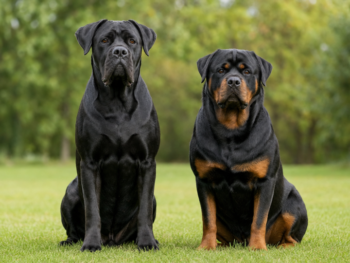 Black Cane Corso and a Rottweiler with rust markings sitting side by side on green grass