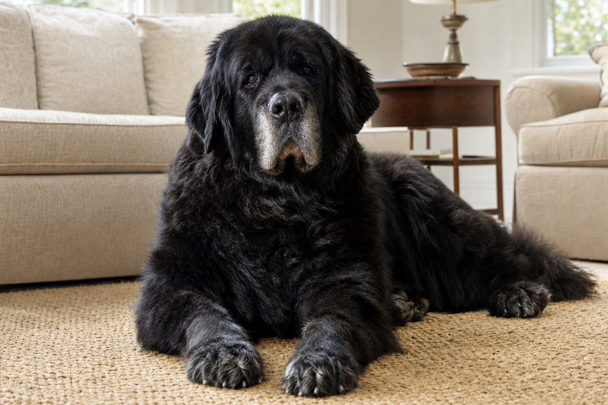 Senior black Newfoundland with a grey muzzle resting on a rug at home