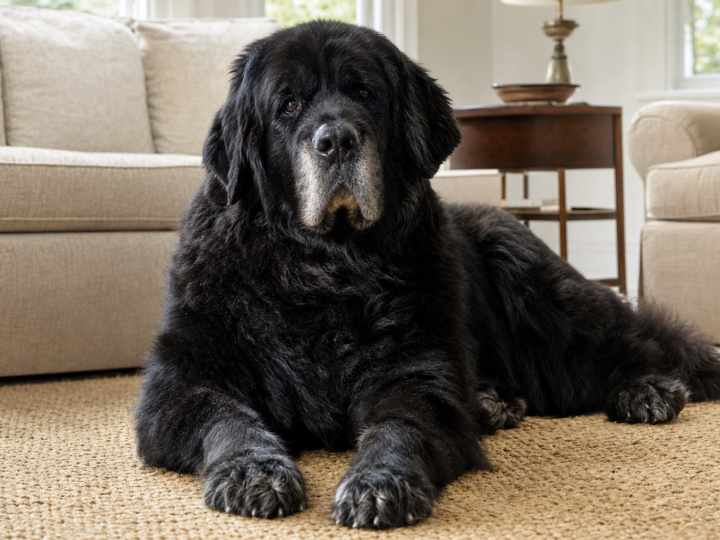 Senior black Newfoundland with a grey muzzle resting on a rug at home