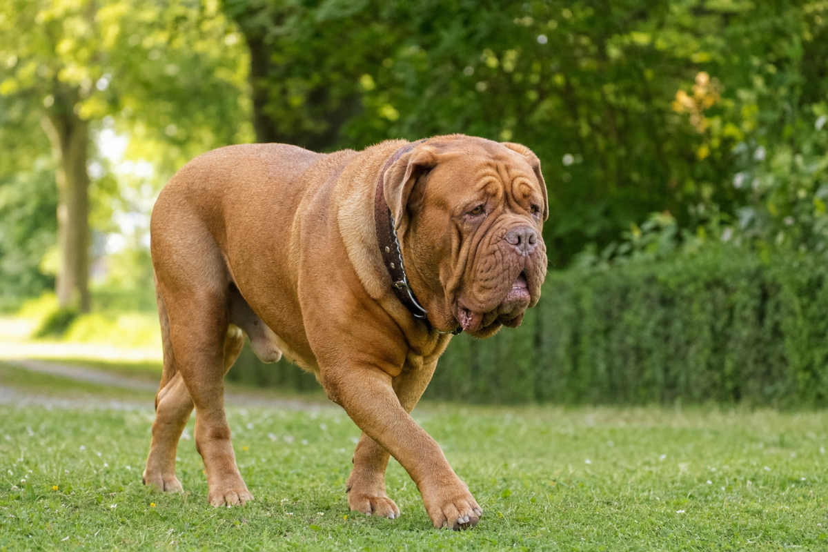 Adult fawn Dogue de Bordeaux with a heavy wrinkled head walking across a grass lawn in a park