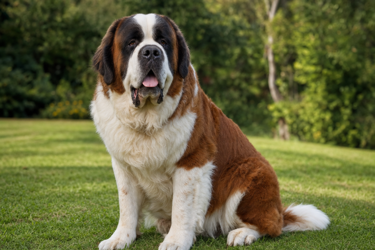 Adult Saint Bernard with heavy jowls sitting on grass