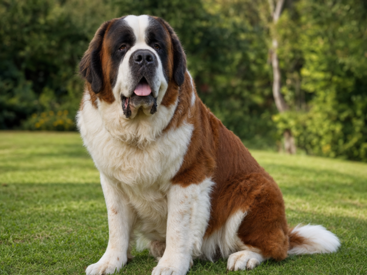 Adult Saint Bernard with heavy jowls sitting on grass
