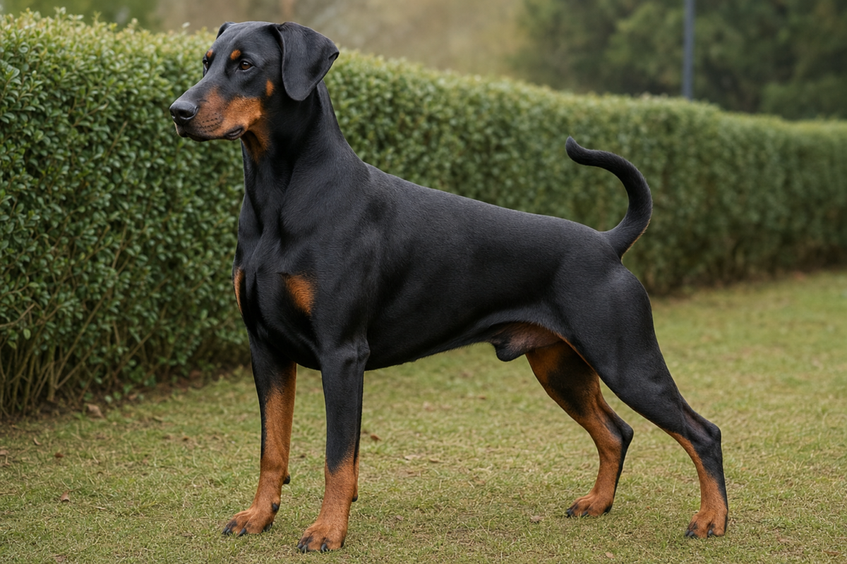 Adult black and rust Doberman standing squarely on grass beside a hedge