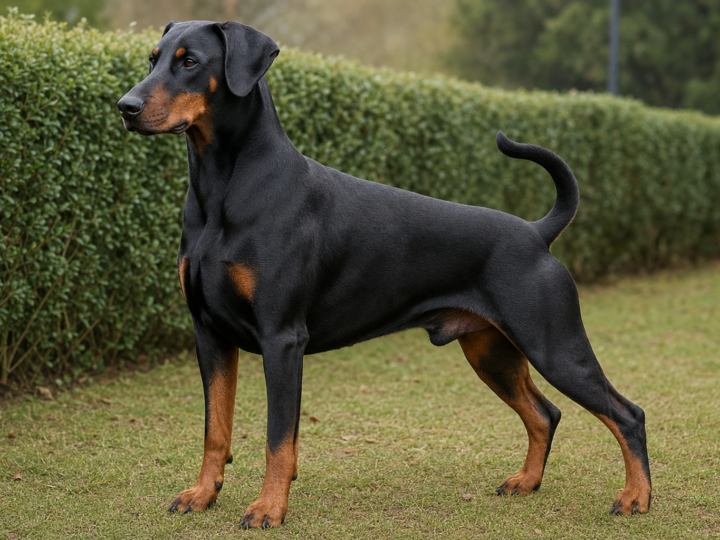 Adult black and rust Doberman standing squarely on grass beside a hedge