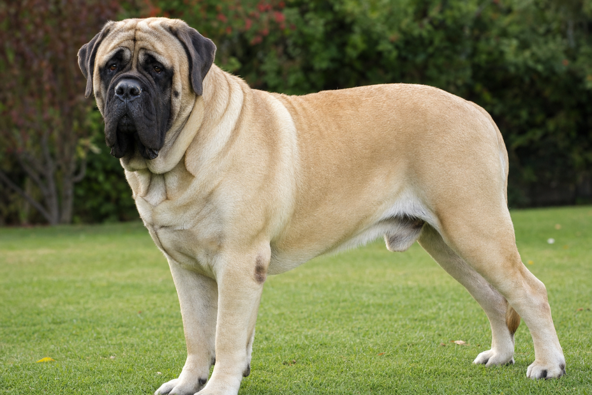 Adult fawn English Mastiff with black mask standing on grass