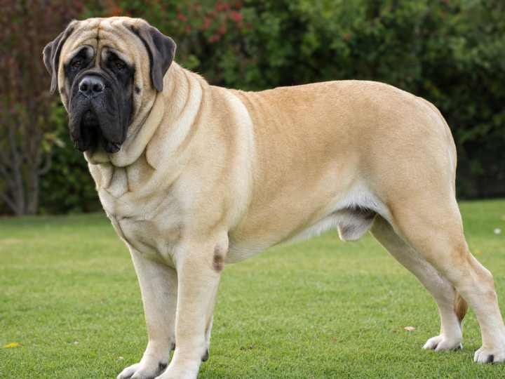 Adult fawn English Mastiff with black mask standing on grass