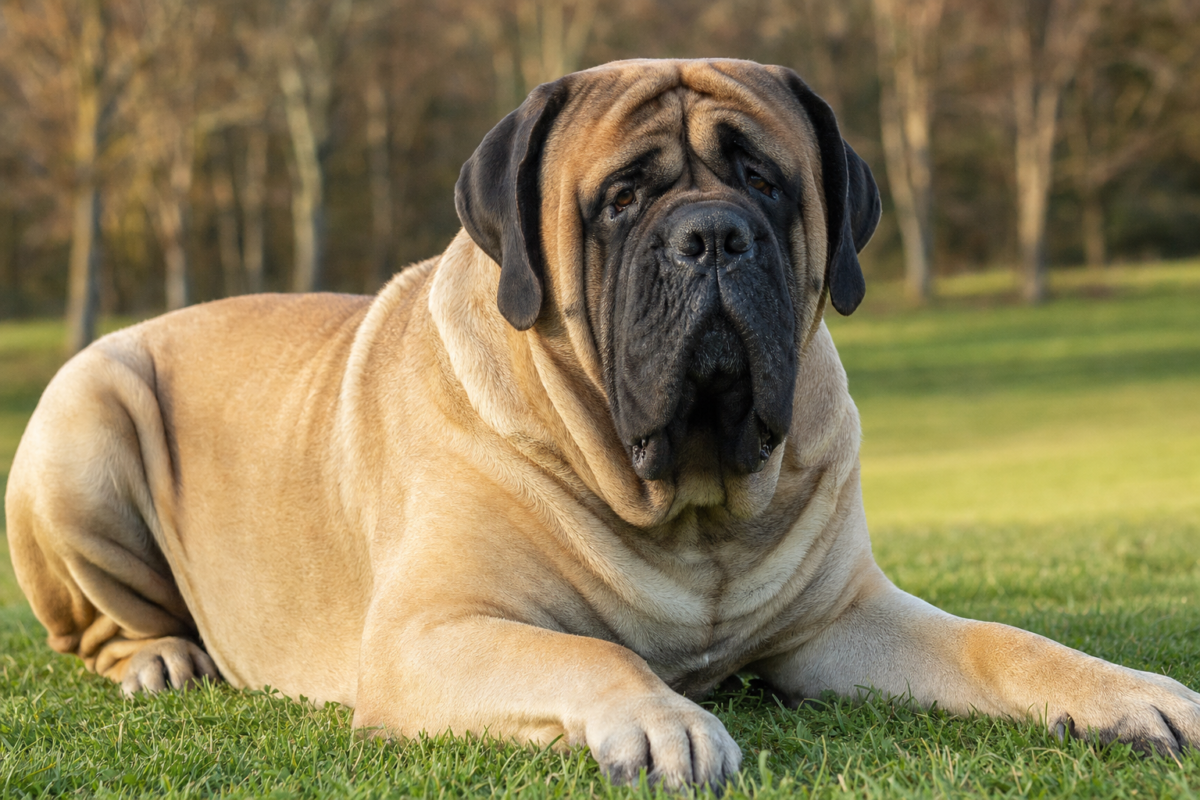 A massive fawn English Mastiff with a black mask lying on grass