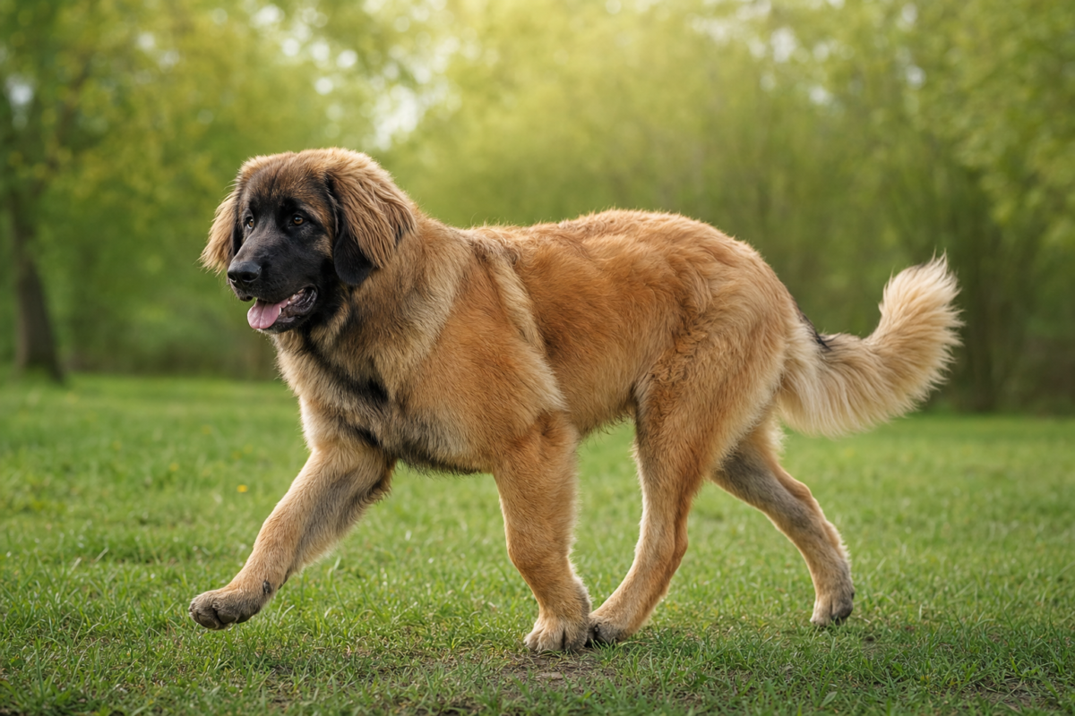 Adolescent Leonberger with a tawny coat and black face mask trotting across green grass in a park