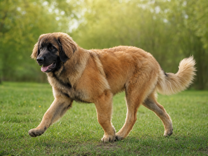 Adolescent Leonberger with a tawny coat and black face mask trotting across green grass in a park