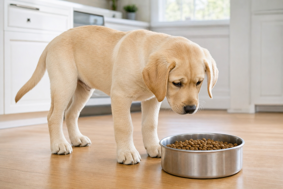 Yellow Labrador puppy standing over a stainless steel bowl of kibble in a bright kitchen