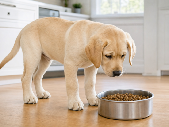 Yellow Labrador puppy standing over a stainless steel bowl of kibble in a bright kitchen