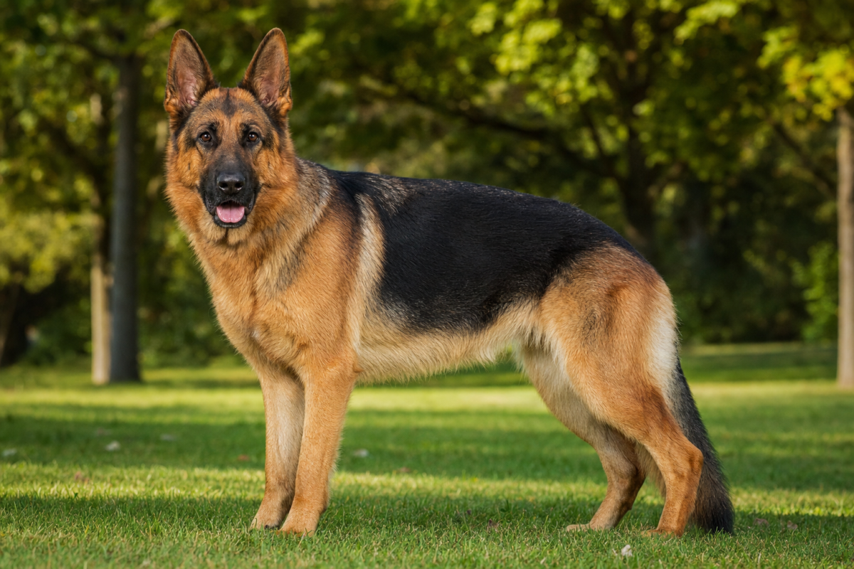 A black and tan adult German Shepherd standing on grass