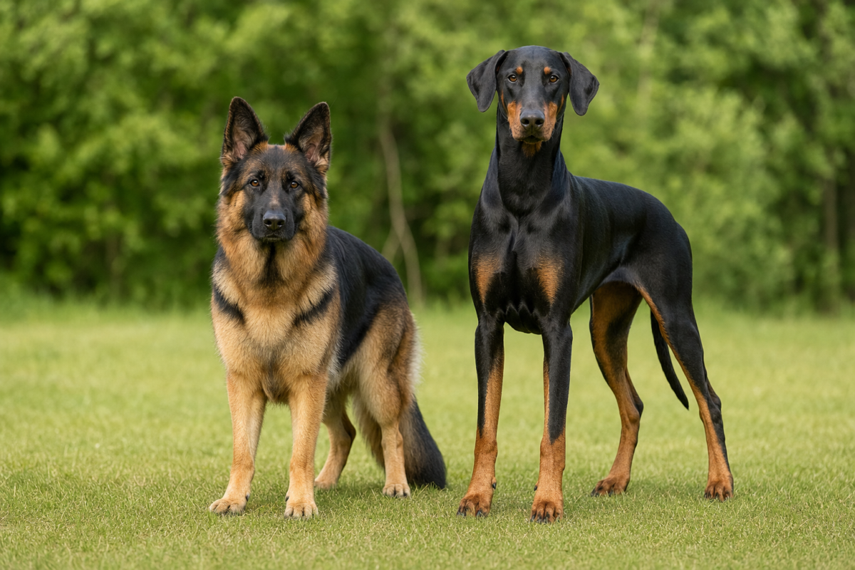 German Shepherd and Doberman standing side by side on green grass