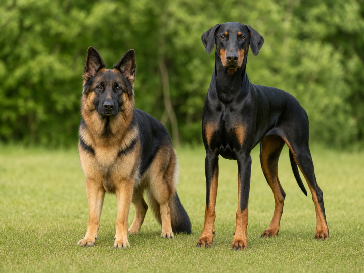 German Shepherd and Doberman standing side by side on green grass
