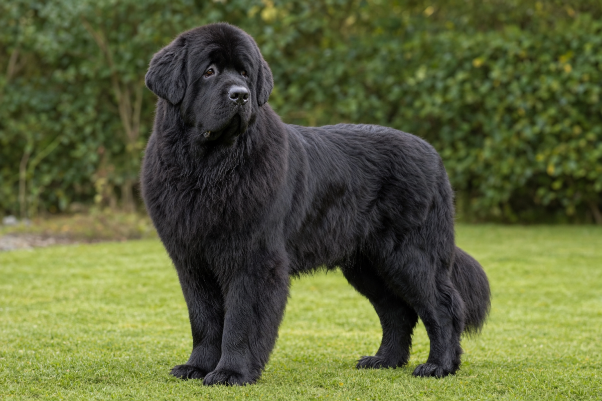 Adult black Newfoundland standing squarely on green grass in front of a garden hedge