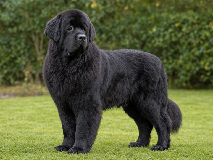 Adult black Newfoundland standing squarely on green grass in front of a garden hedge