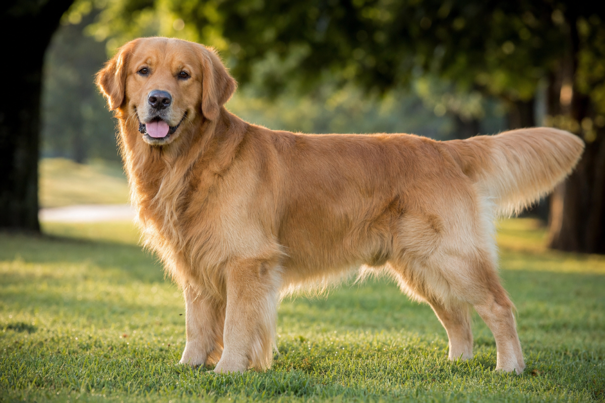 Adult Golden Retriever standing on grass in morning light