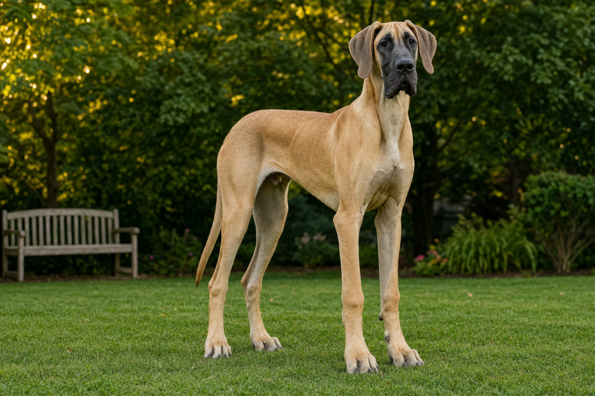 Adolescent fawn Great Dane with a black mask standing on grass