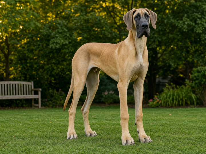 Adolescent fawn Great Dane with a black mask standing on grass