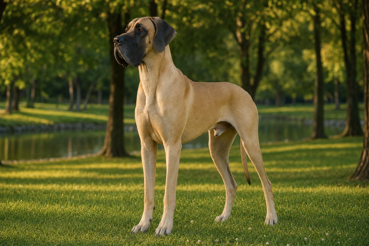 A tall fawn Great Dane with a black mask standing on grass in golden light