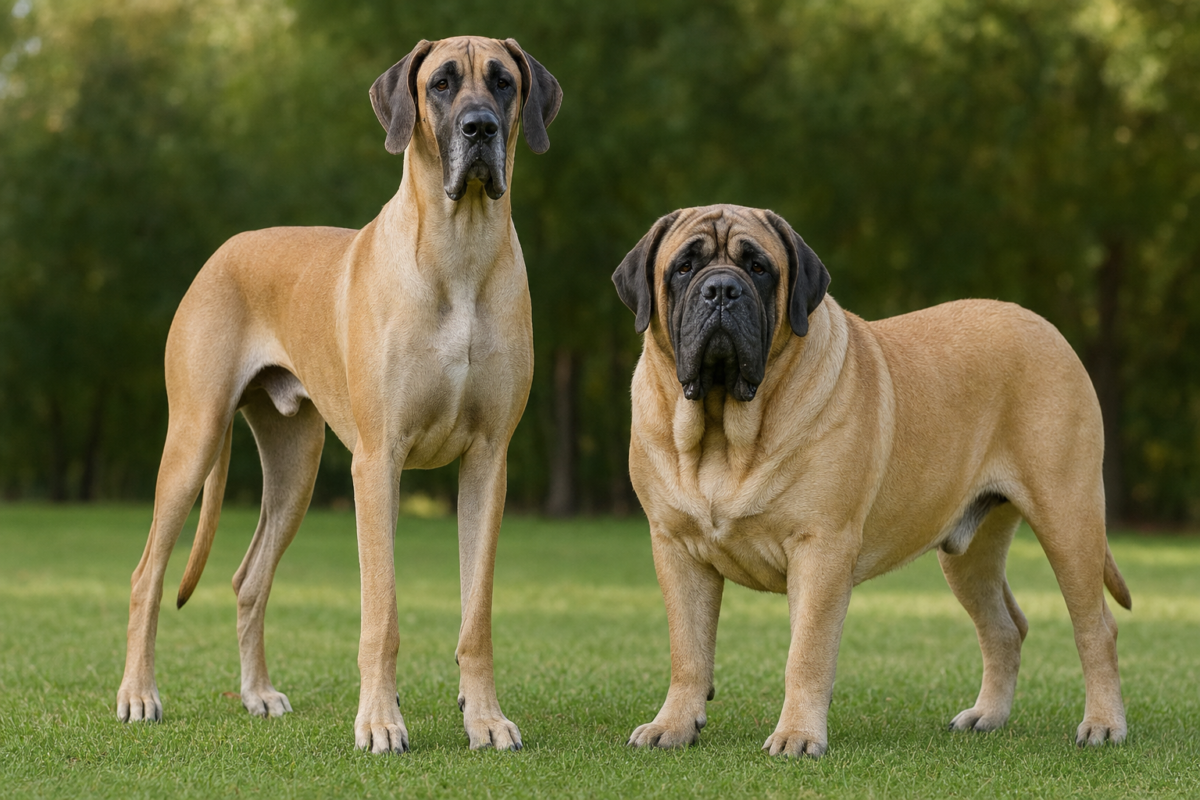 A tall fawn Great Dane standing beside a broad apricot fawn English Mastiff on grass