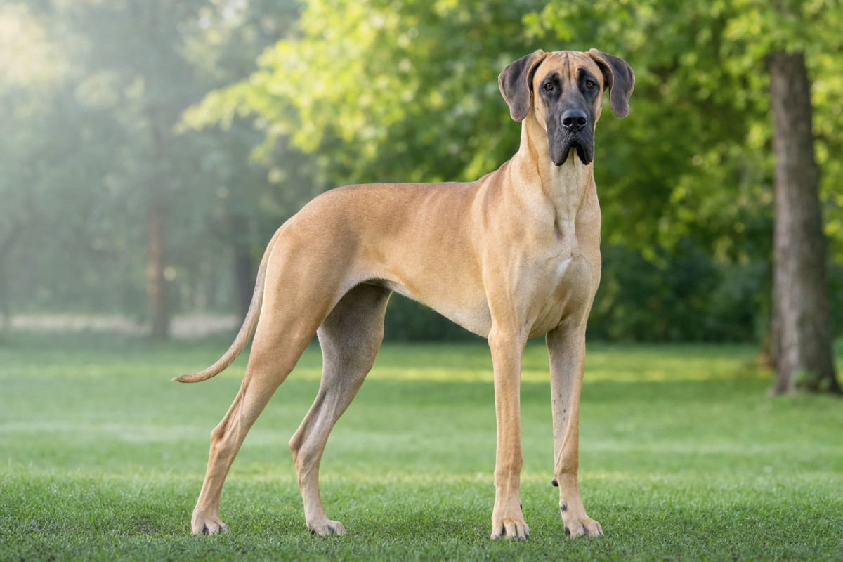 Fawn Great Dane standing on grass in a park