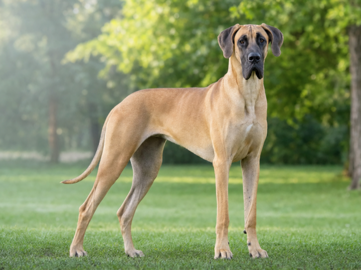 Fawn Great Dane standing on grass in a park